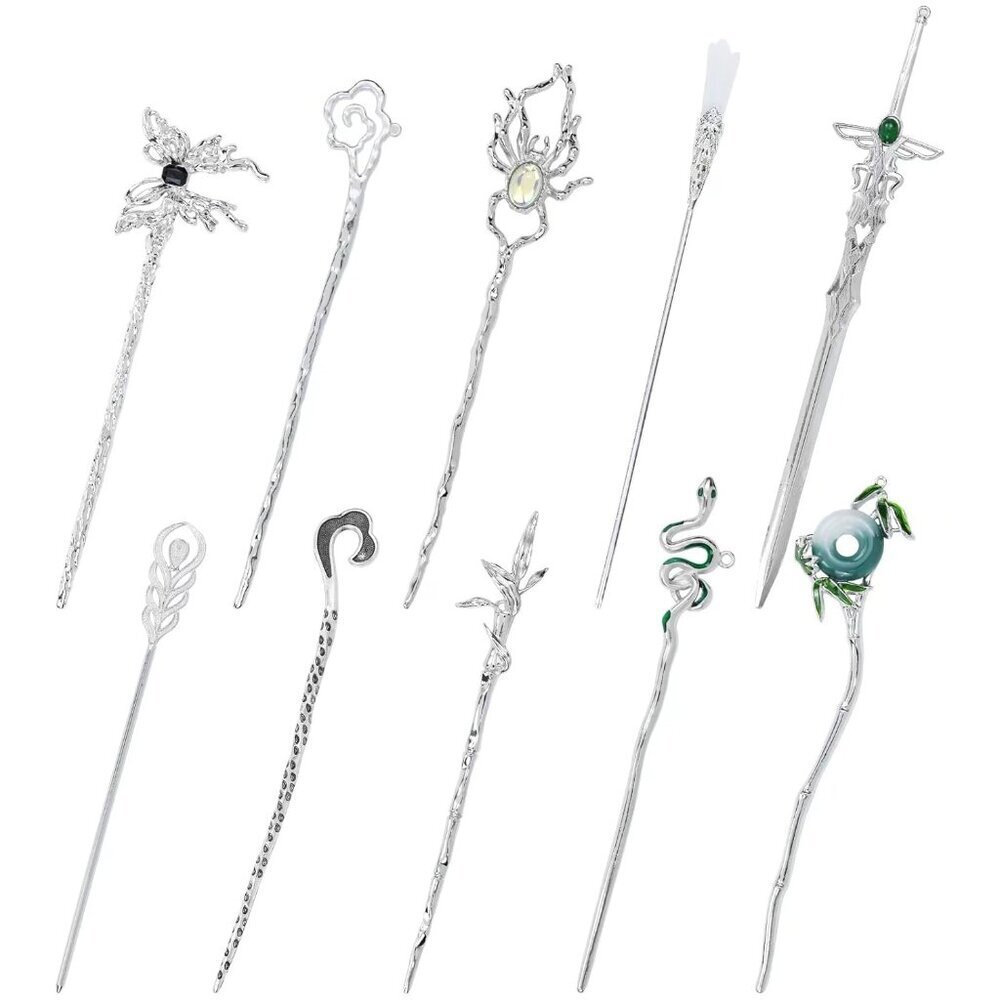 10 Pack Silver Metal Hair Sticks Vintage Decorative Hair Accessories for Women